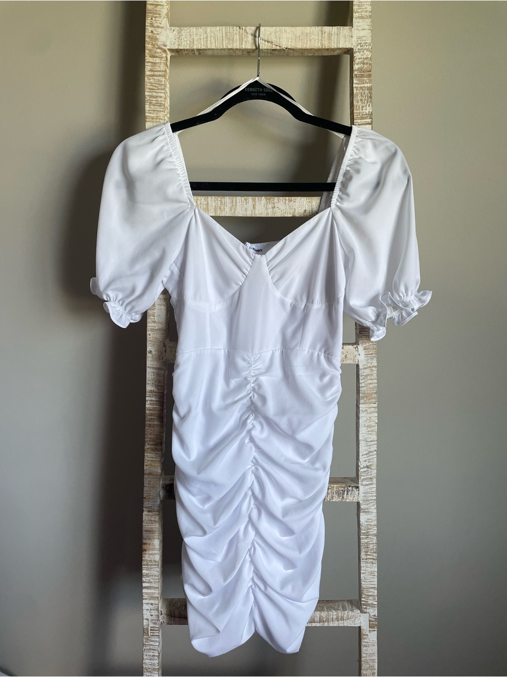 White Ruched Puff Sleeve Midi Dress